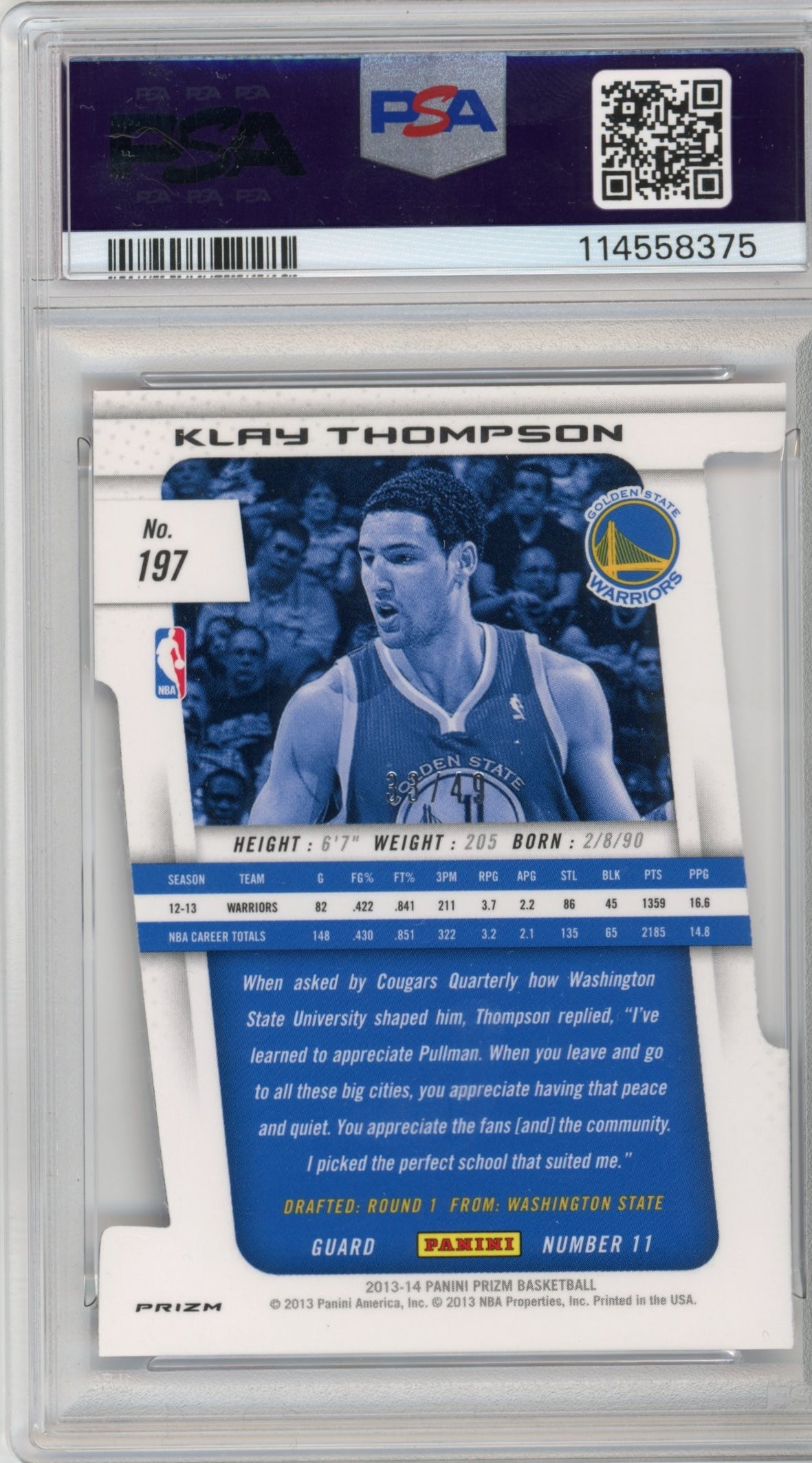 2013 Panini Prizm Klay Thompson Purple Die-Cut Prizm #197 - PSA 9 #/49 Warriors