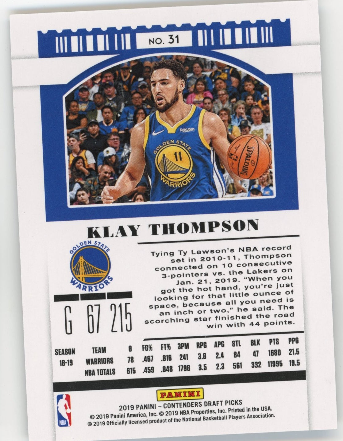 2019 Panini Contenders Klay Thompson Season Ticket #31 - #/10 Blue Squares Warriors
