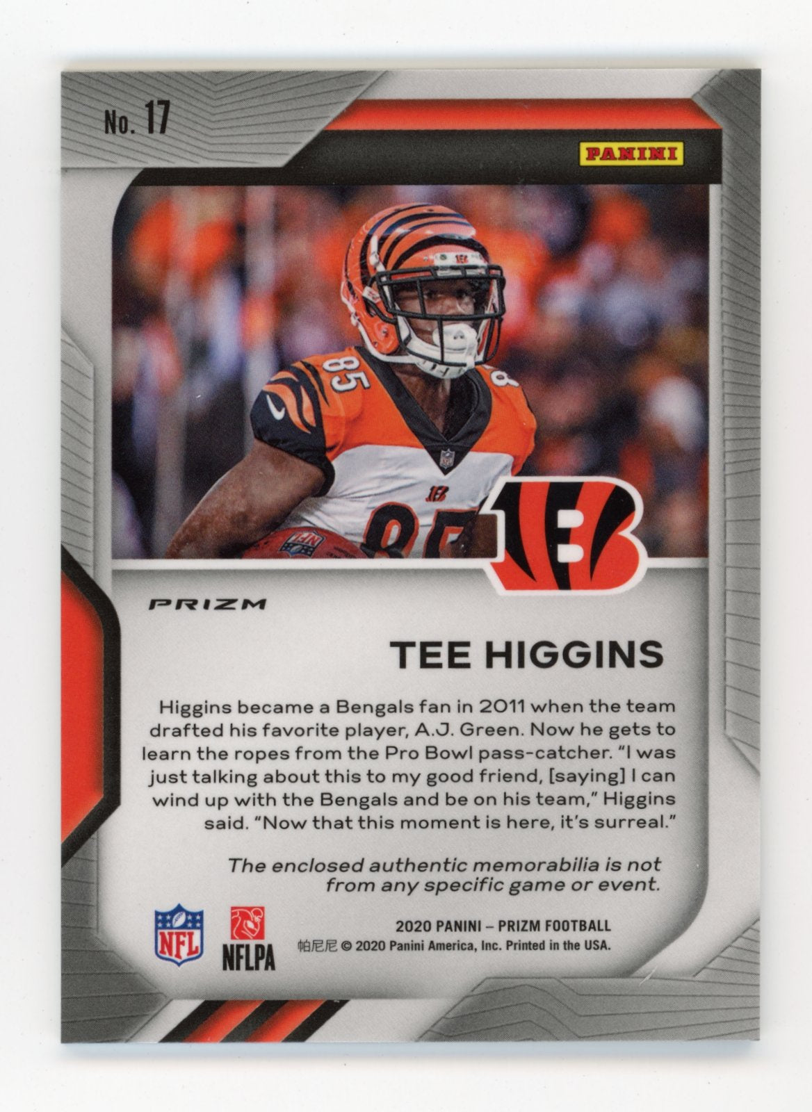 2020 Panini Prizm Tee Higgins Rookie #17 - Patch Silver Bengals