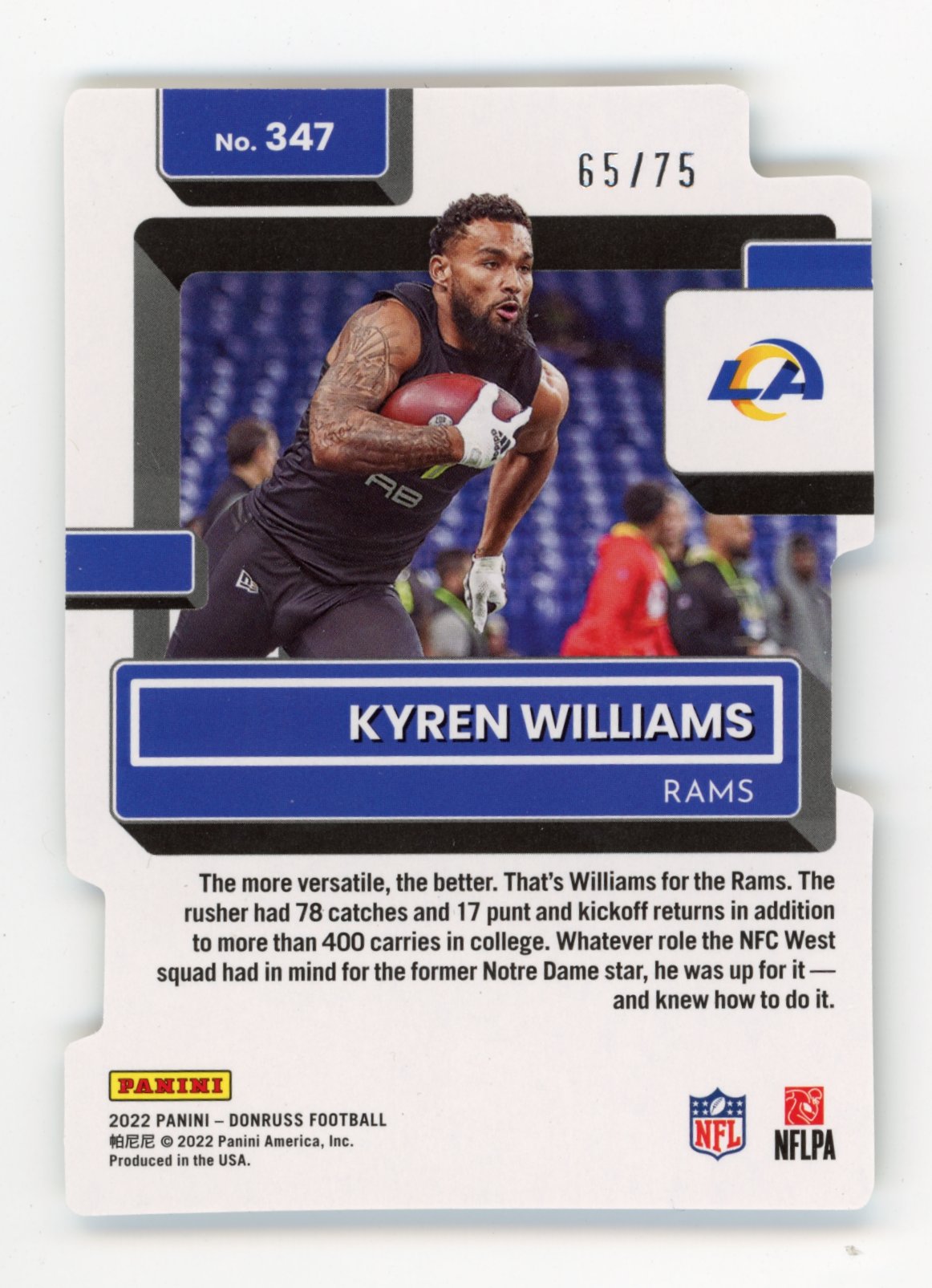 2022 Panini Donruss Kyren Williams Rated Rookie #347 - #/75 Die-Cut Rams