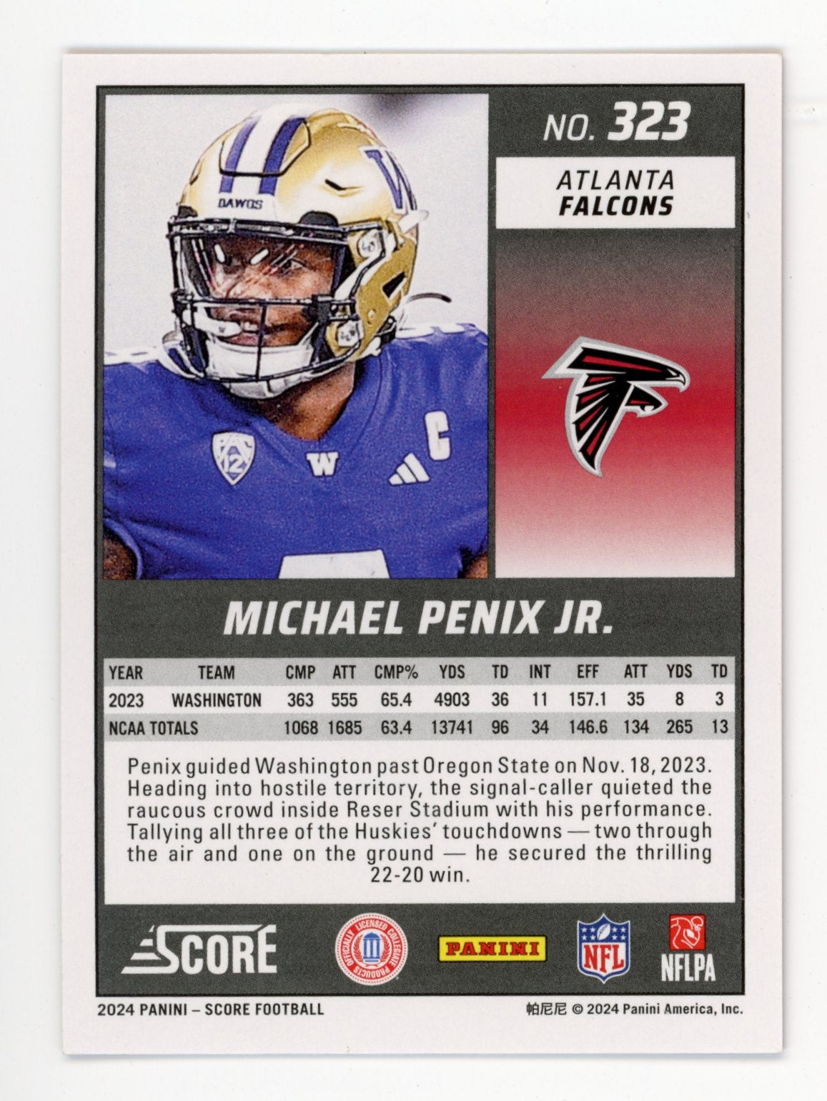 2024 Panini Score Michael Penix Jr Rookie #323 - #/299 Pink Eclipse Huskies