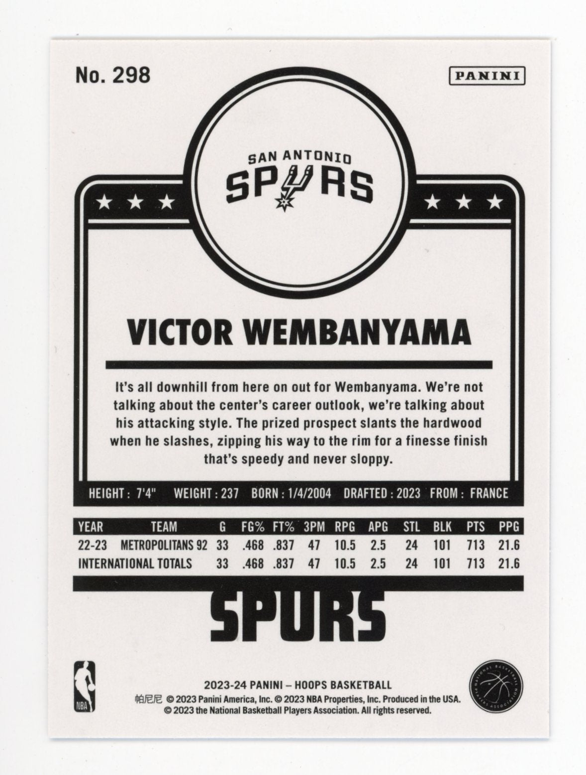 2023-24 Panini NBA Hoops Victor Wembanyana Rookie #298 - Purple Spurs