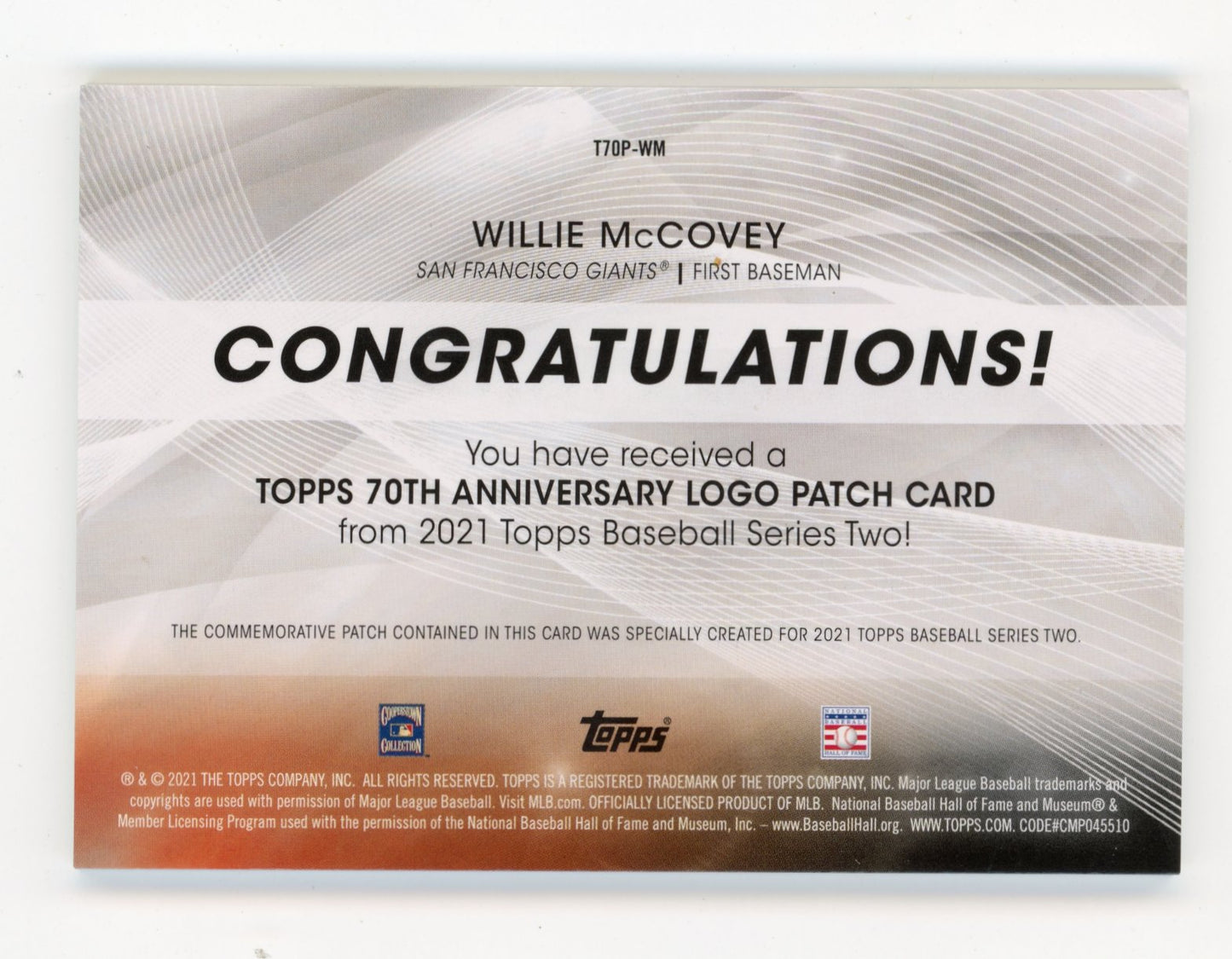 2021 Topps Willie McCovey #T70P-WM - 70th Anniversary Logo Patch Giants