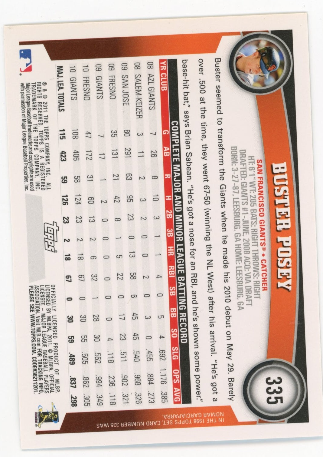 2011 Topps Diamond Anniversary Buster Posey #335 - Giants