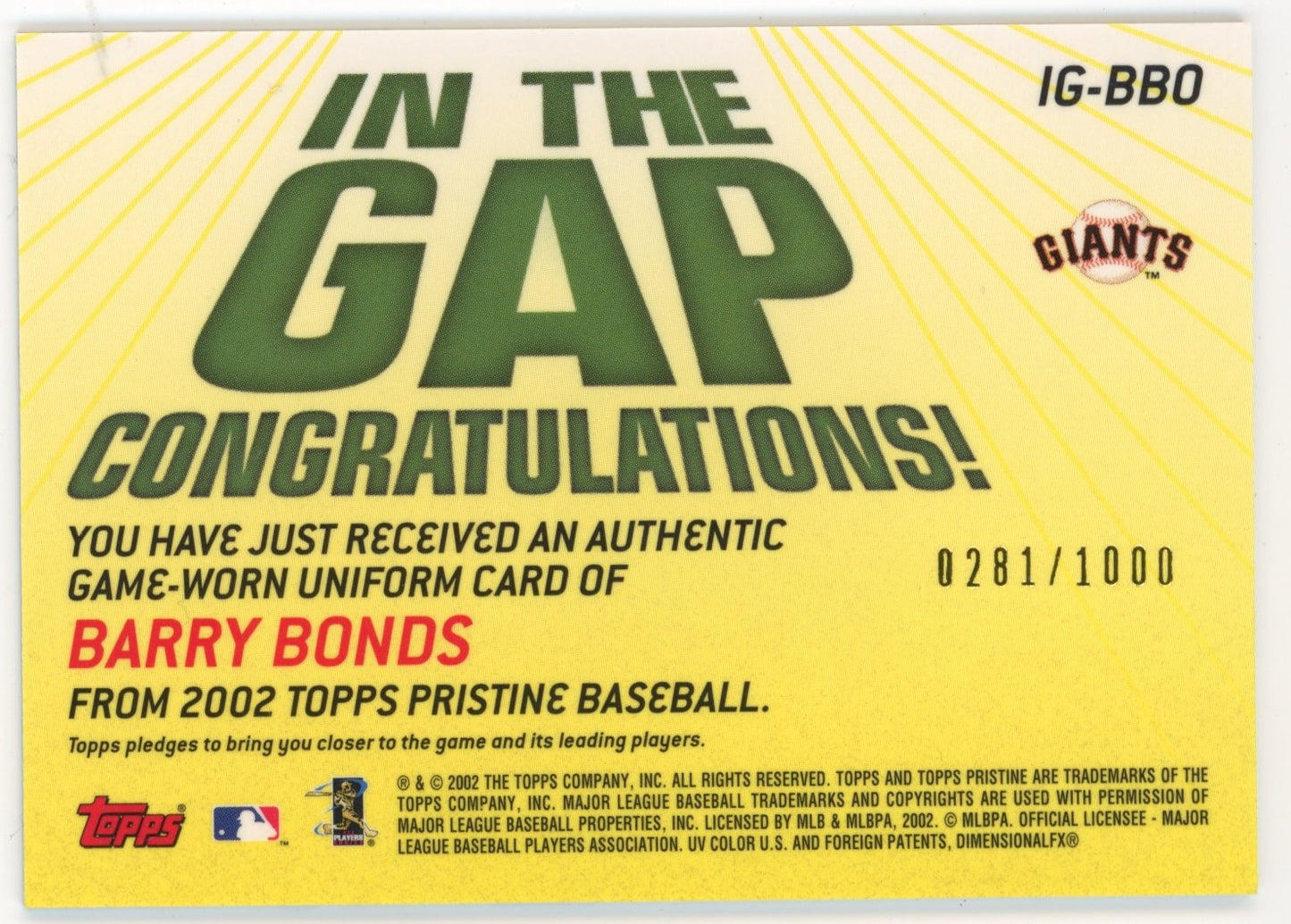 2002 Topps Pristine Barry Bonds In The Gap #IG-BBO - #/1000 Relic Giants