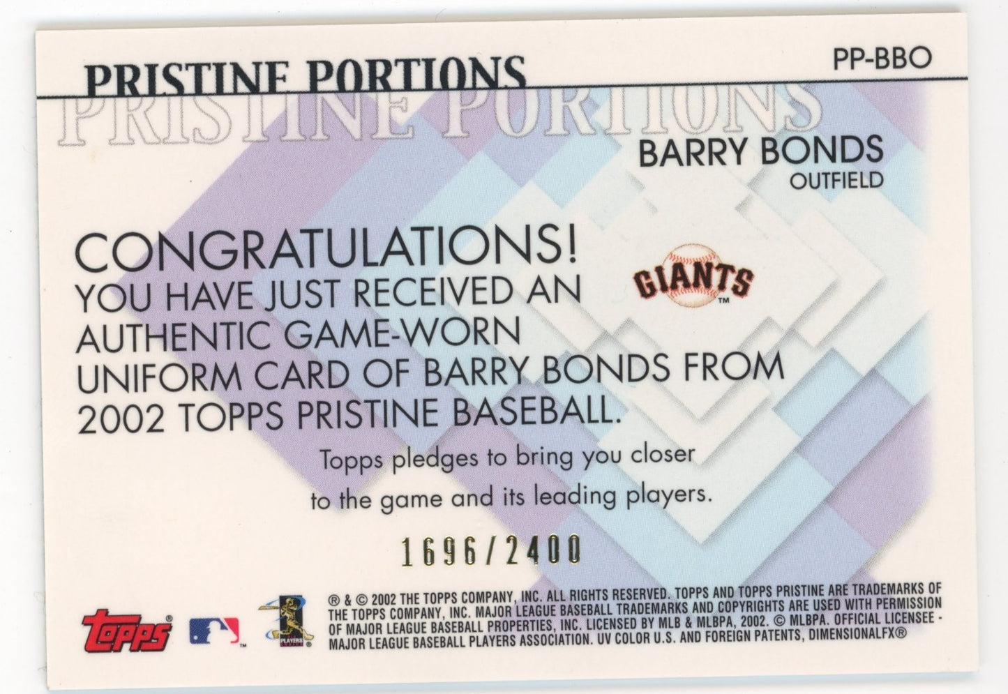 2002 Topps Barry Bonds Pristine Portions #PP-BBO - #/2400 Relic Giants
