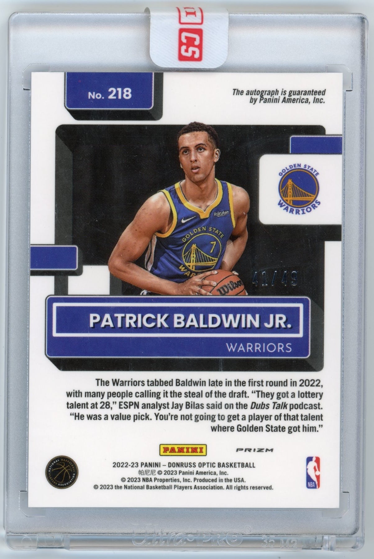 2022/23 Panini Donruss Optic Patrick Baldwin Jr. Rated Rookie RC #218 - Blue #/49 Autograph Warriors