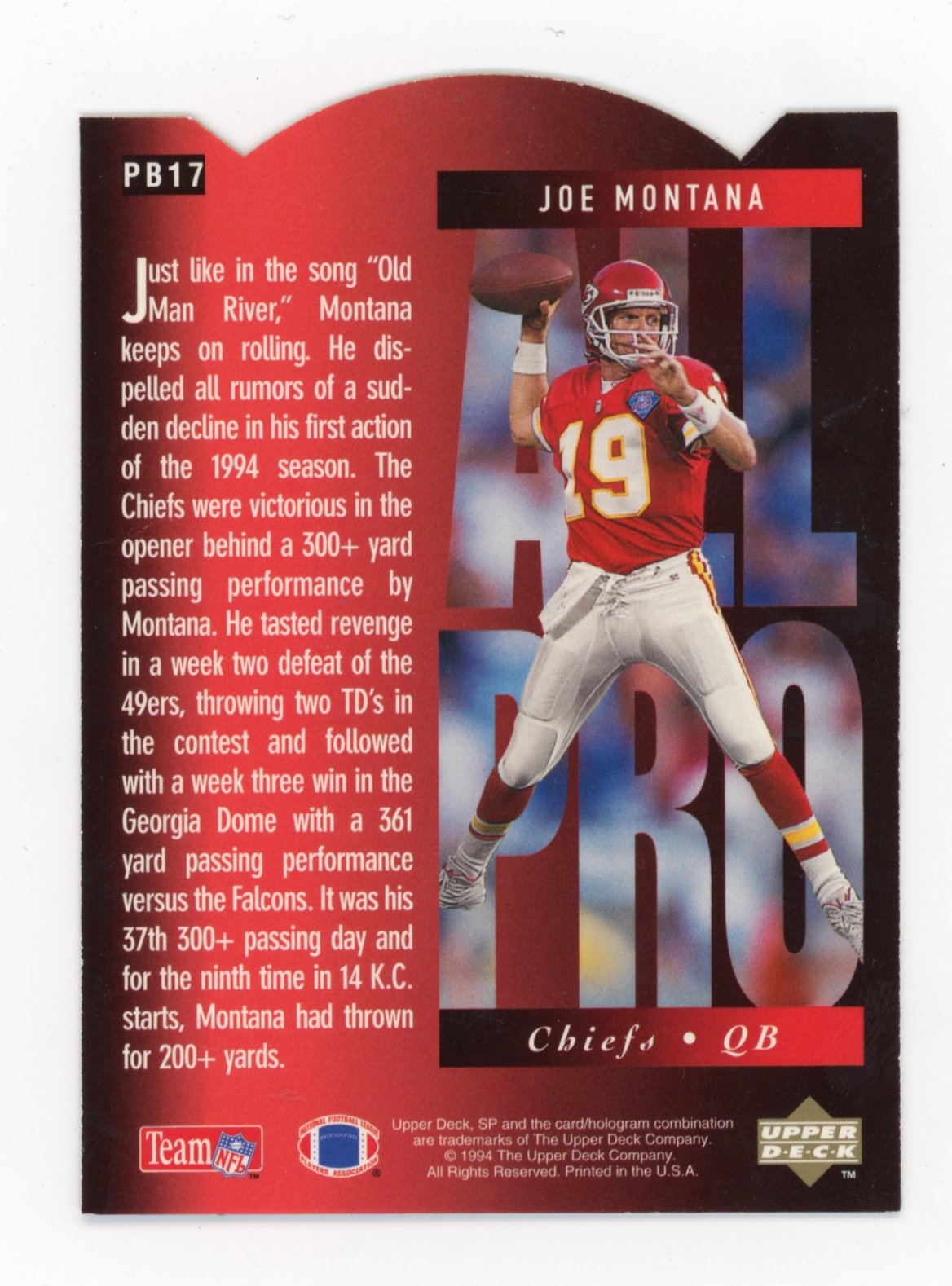 1994 Upper Deck Joe Montana #PB17 - Chiefs