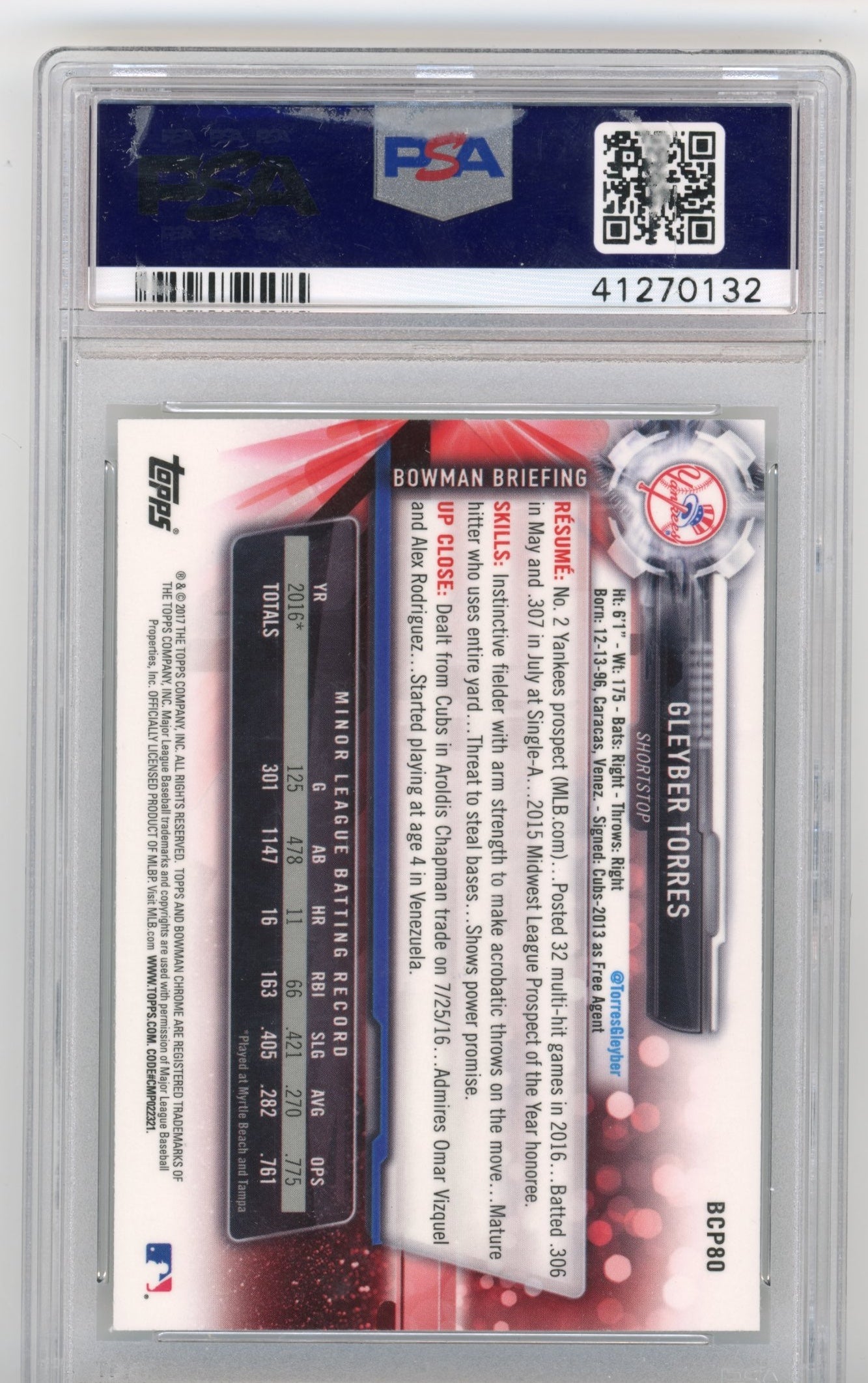 2017 Bowman Gleyber Torres #BCP80 - PSA 10 Prospects Chrome YANKEES