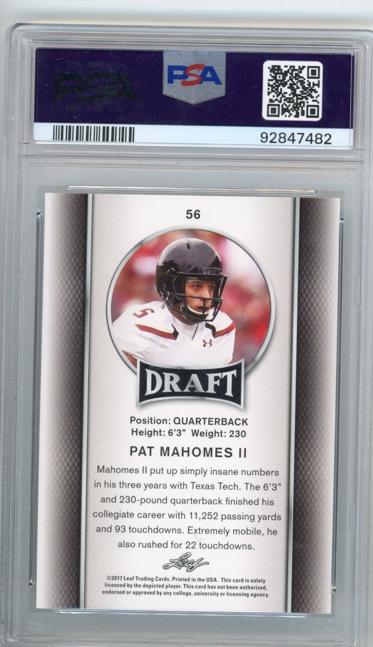 2017 Leaf Draft Pat Mahomes #56 - PSA 10 RC