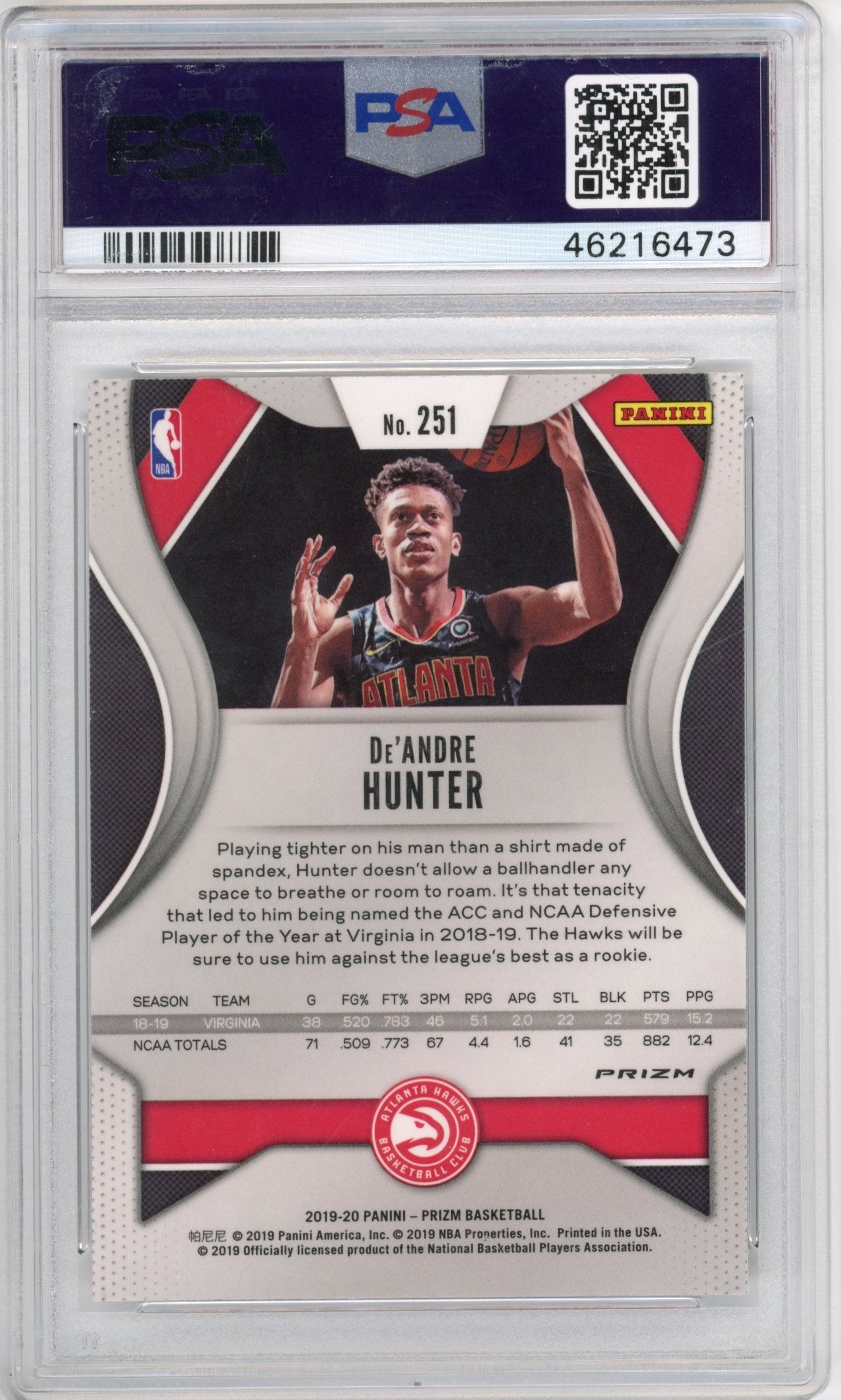 2019 Panini Prizm De'Andre Hunter #251 - PSA 10 Fast Break Prizm HAWKS