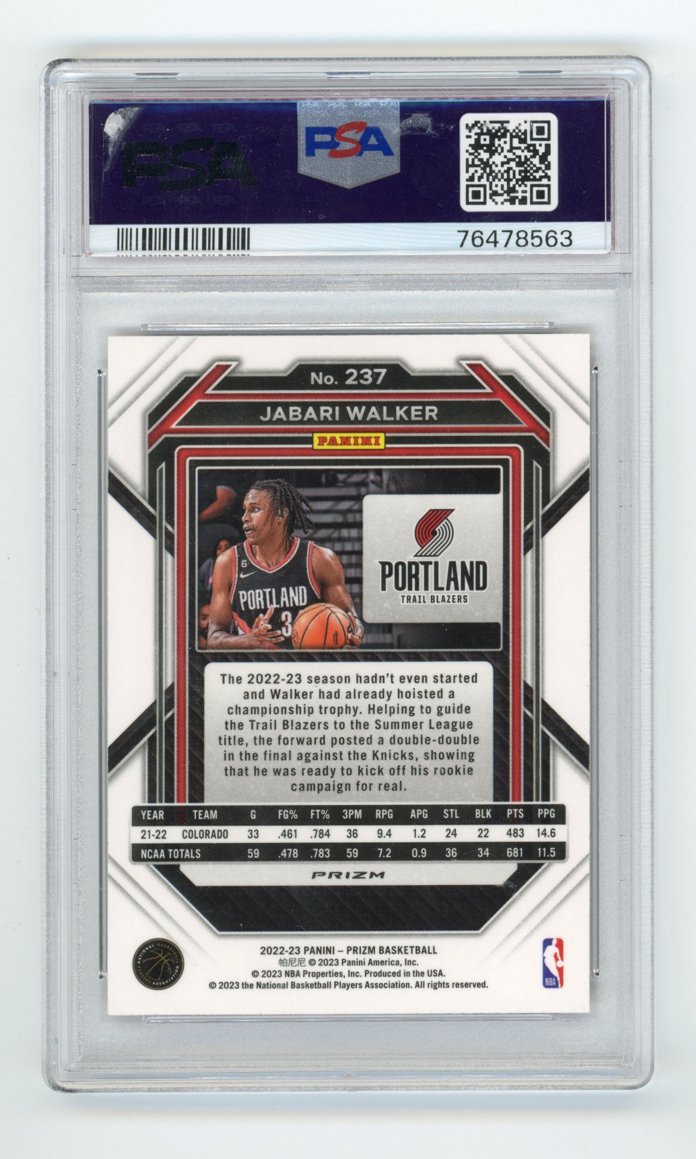 2022 Prizm Jabari Walker #237 - PSA 10 RC Red Ice TRAIL BLAZERS