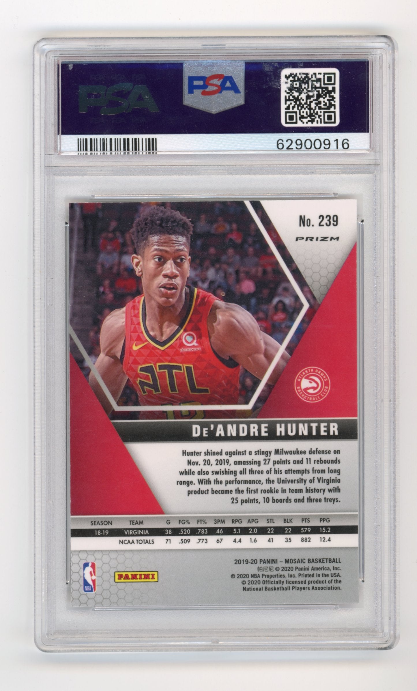 2019 Panini Mosaic De'Andre Hunter #239 - PSA 10 RC Reactive Blue HAWKS
