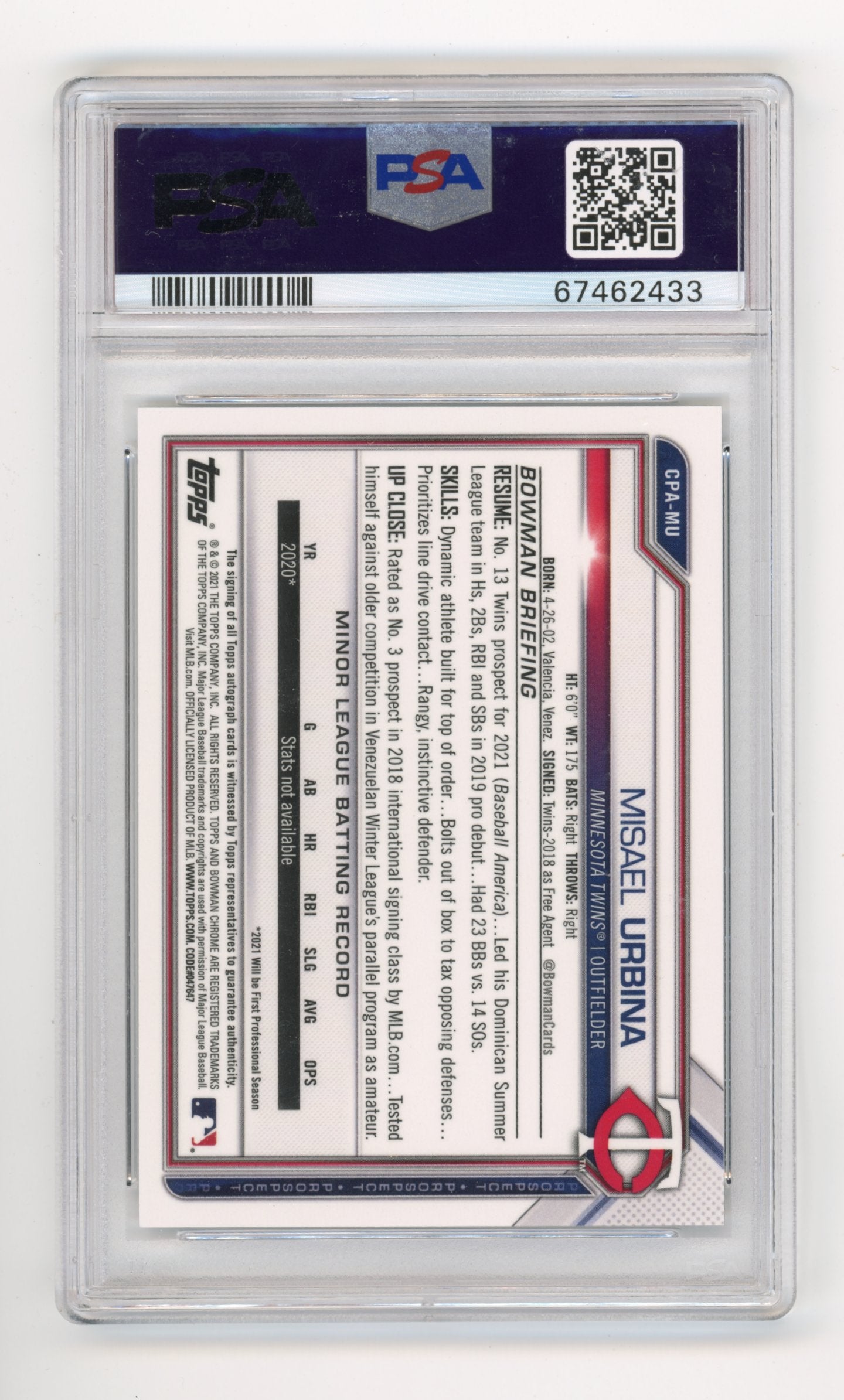 2021 Bowman Chrome Misael Urbina #CPAMU - PSA 10 Auto 10 Prospect Auto RC