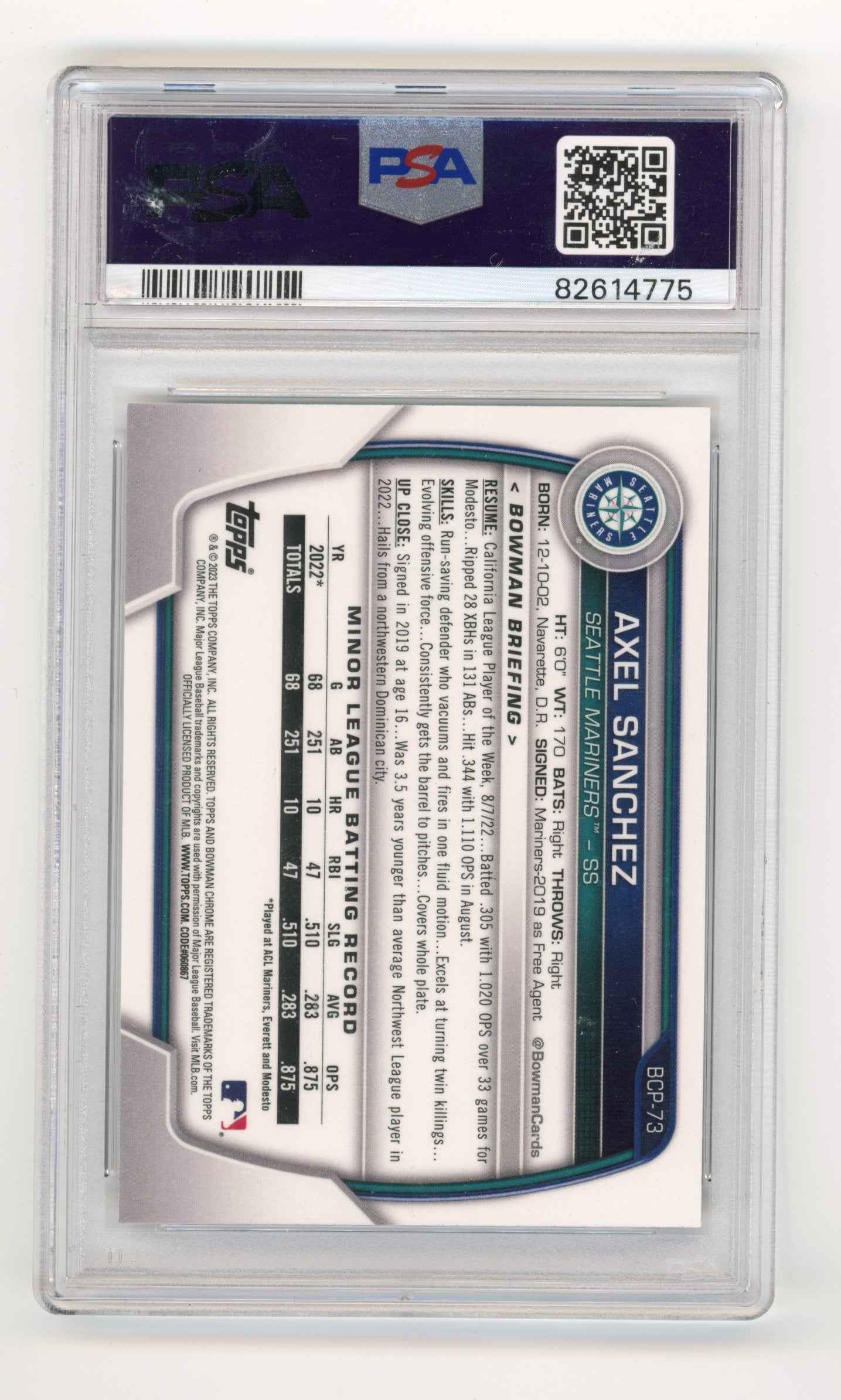 2023 Bowman Mega Box Axel Sanchez #73 - PSA 10 Chrome MARINERS