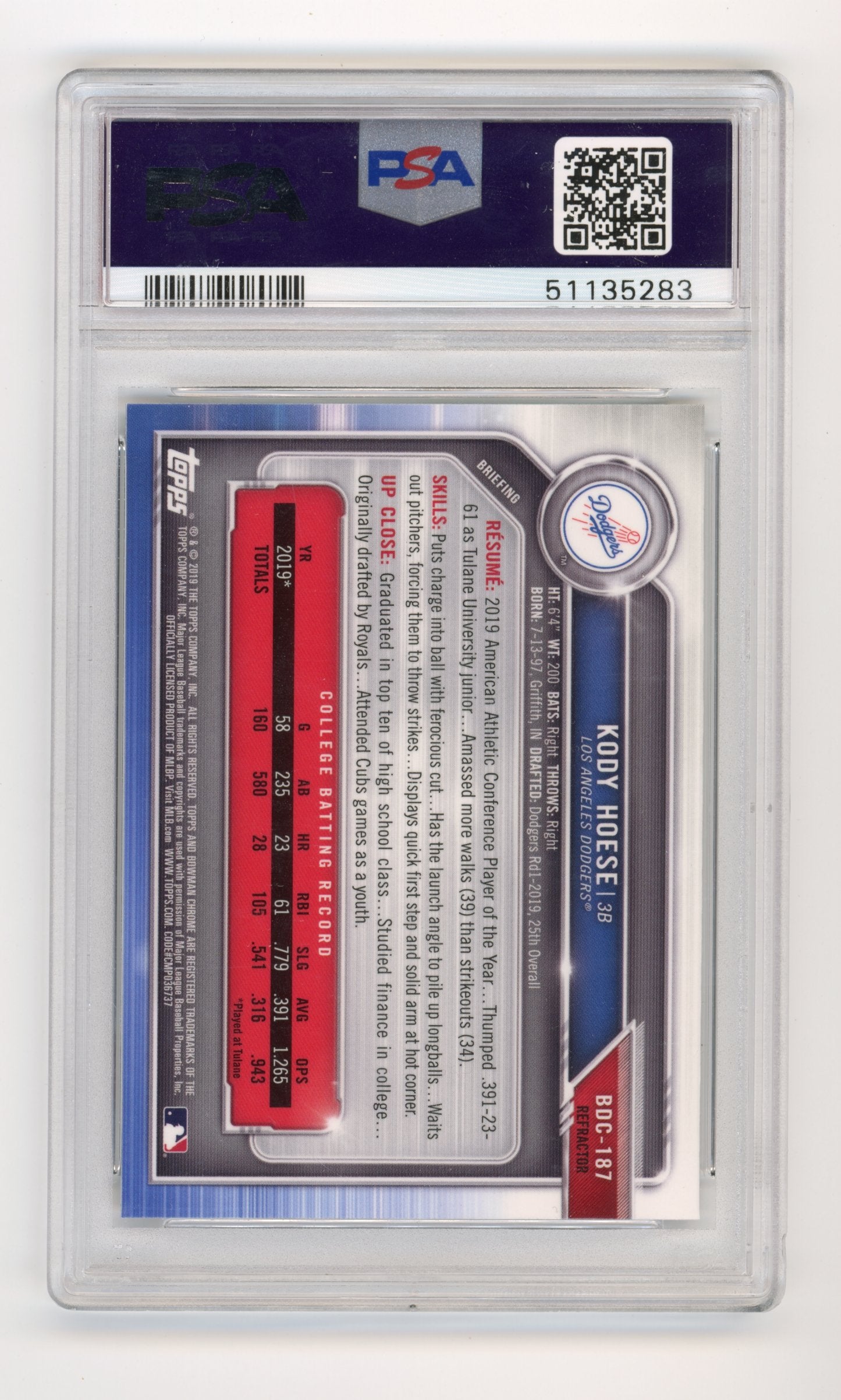 2019 Bowman Draft Kody Hoese #BDC187 - PSA 10 Chrome Refractor