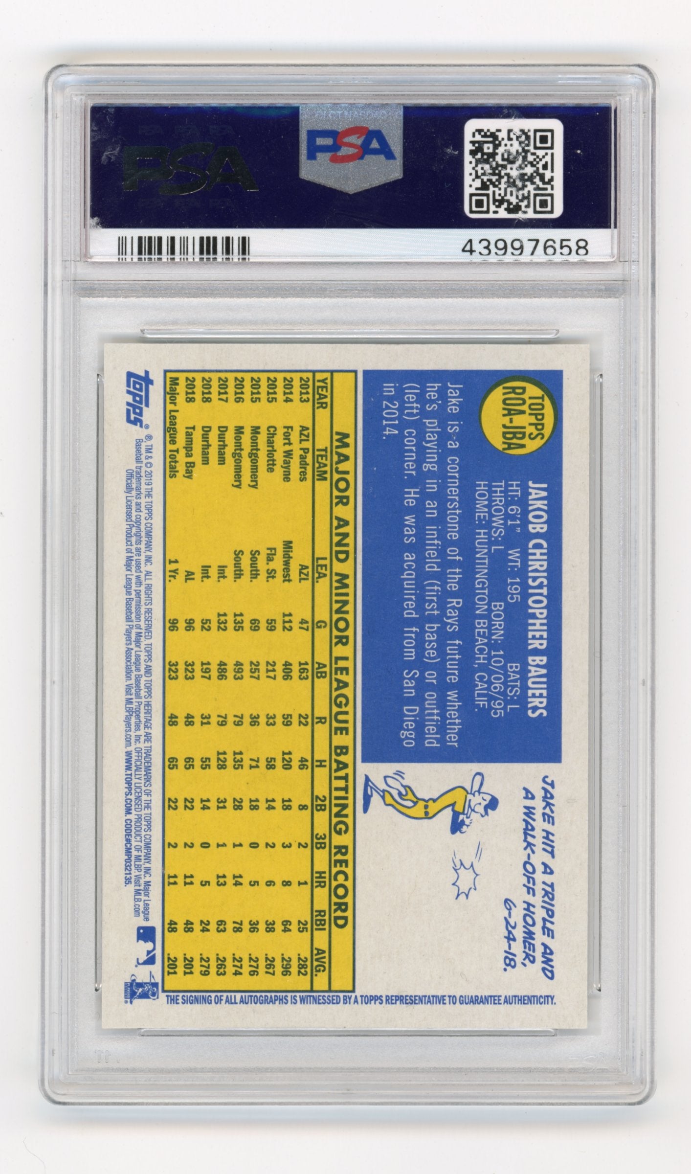 2019 Topps Heritage Jake Bauers #JBA - PSA 10 RC Real One Autographs RAYS