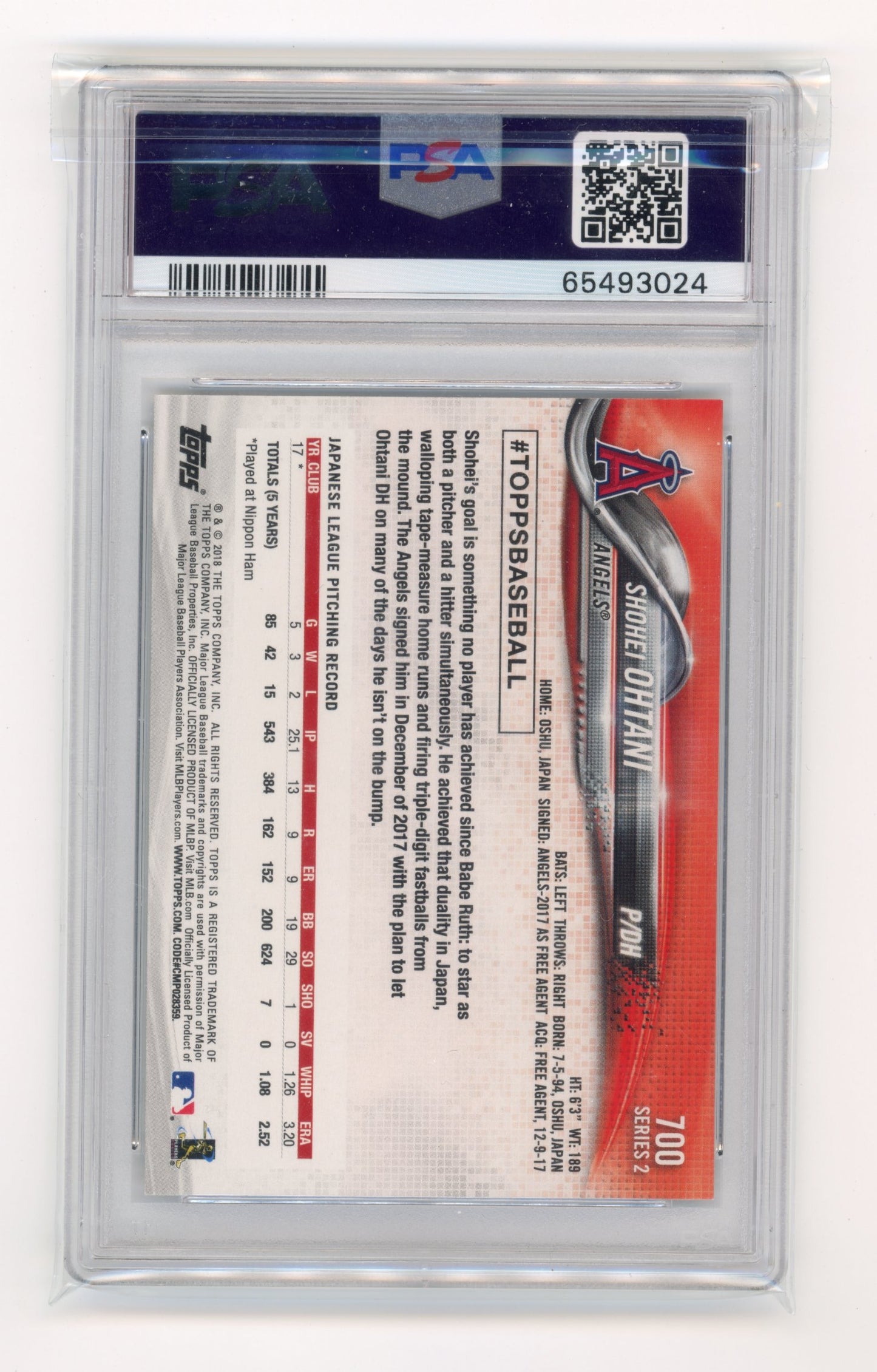 2018 Topps Shohei Ohtani #700 PSA 10 Los Angeles Angels