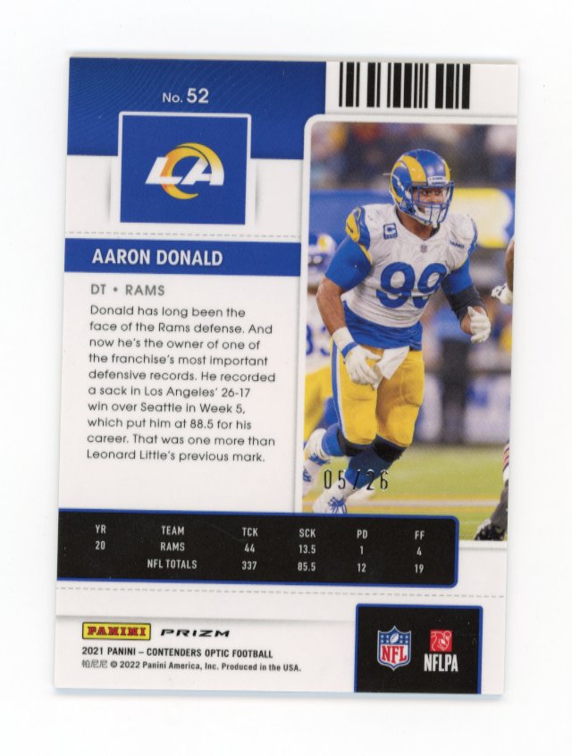 2021 Panini Contenders Optic Aaron Donald #52 - Purple Pulsar #/26 Rams