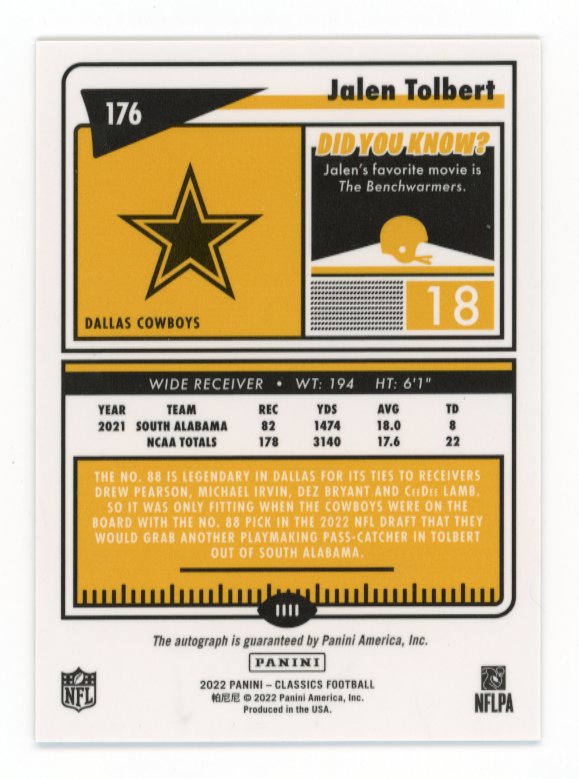 2022 Panini Classics Jalen Tolbert RC #176 - Silver Autograph Cowboys