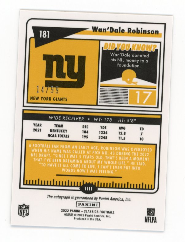 2022 Panini Classics Wan'Dale Robinson RC #181 - Gold Autograph #/99 Giants