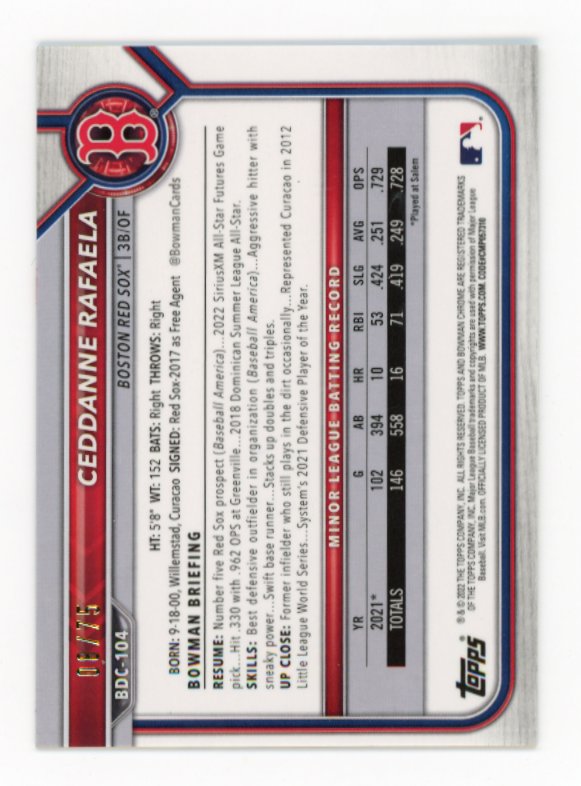2022 Bowman Chrome Ceddanne Rafaela #BDC-104 - Yellow Lava #/75 Red Sox