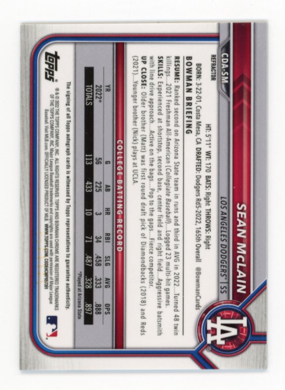 2022 Bowman Chrome Sean McLain 1st #CDA-SM - Autograph #/499 Dodgers
