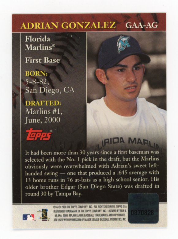 2000 Topps Golden Anniversary Prospect Adrian Gonzalez #GAA-AG - Autograph Marlins