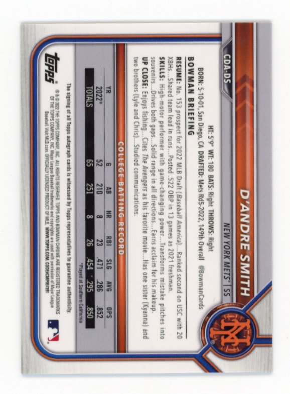 2022 Bowman Chrome D'Andre Smith 1st #CDA-DS - Purple Autograph #/250 Mets