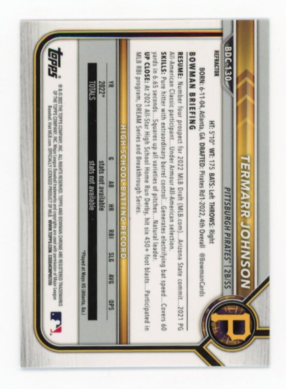 2022 Bowman Chrome Termarr Johnson 1st #BDC-130 - Holo Pirates