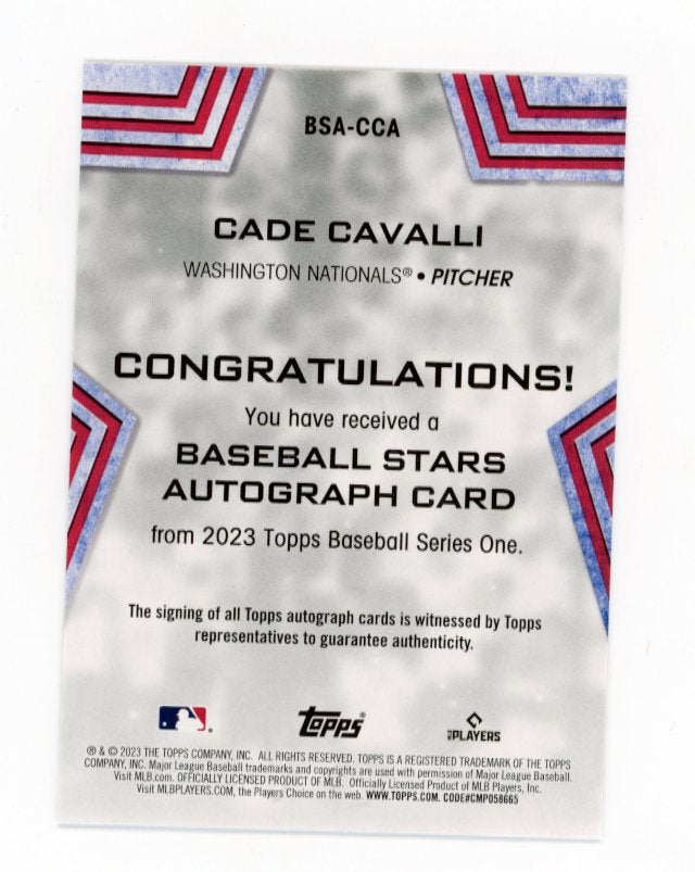 2023 Topps Series One Cade Cavalli RC #BSA-CCA - Autograph Nationals