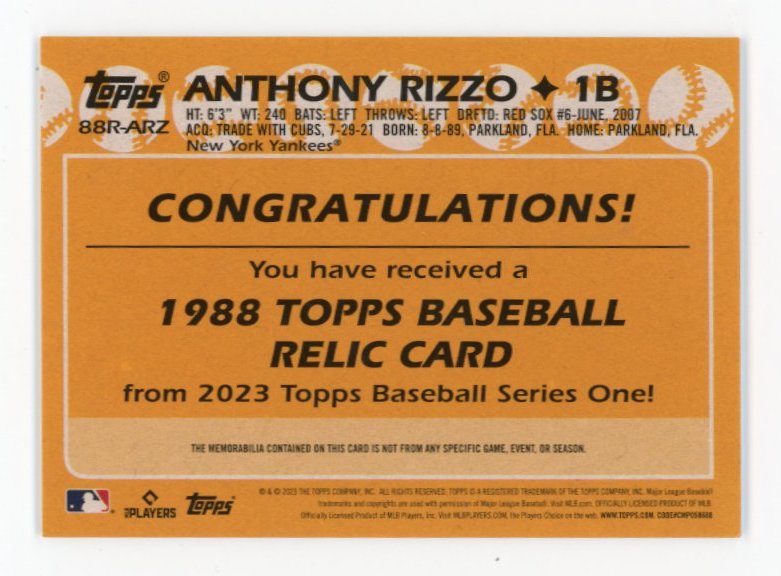 2023 Topps Series One Anthony Rizzo #88R-ARZ - Relic Yankees
