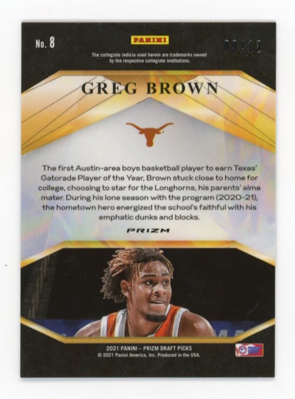 2021 Panini Prizm Draft Picks Greg Brown RC #8 - Blue Shimmer #/13 Longhorns