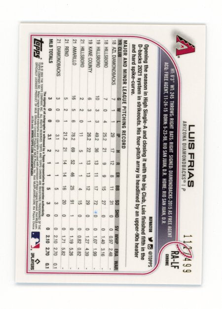 2022 Topps Chrome Luis Frias #RA-LF - #/499 Silver Autograph