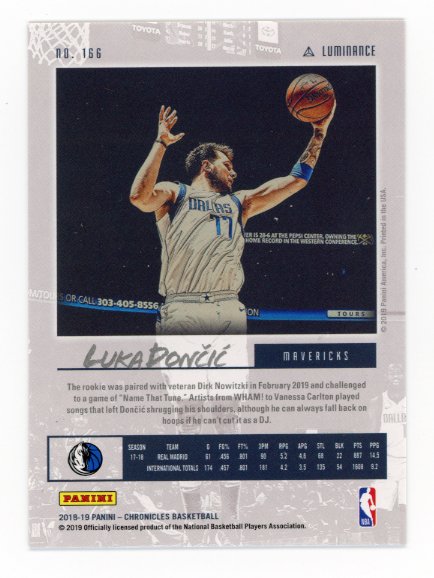 2018/19 Panini Chronicles Luminance Luka Doncic RC #166