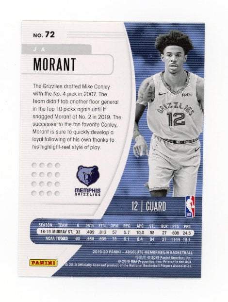 2019/20 Panini Absolute Memorabilia Ja Morant RC #72