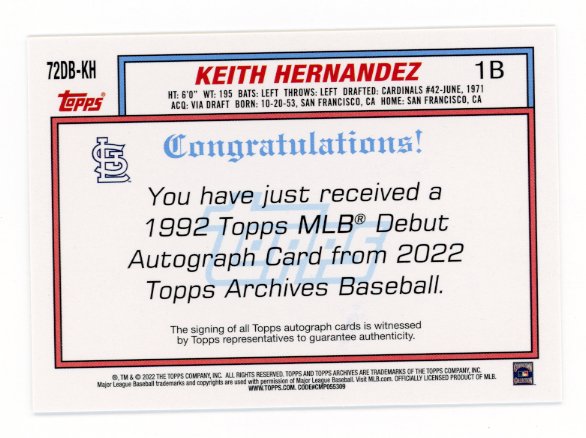 2022 Topps Archives Keith Hernandez #72DB-KH - Autograph