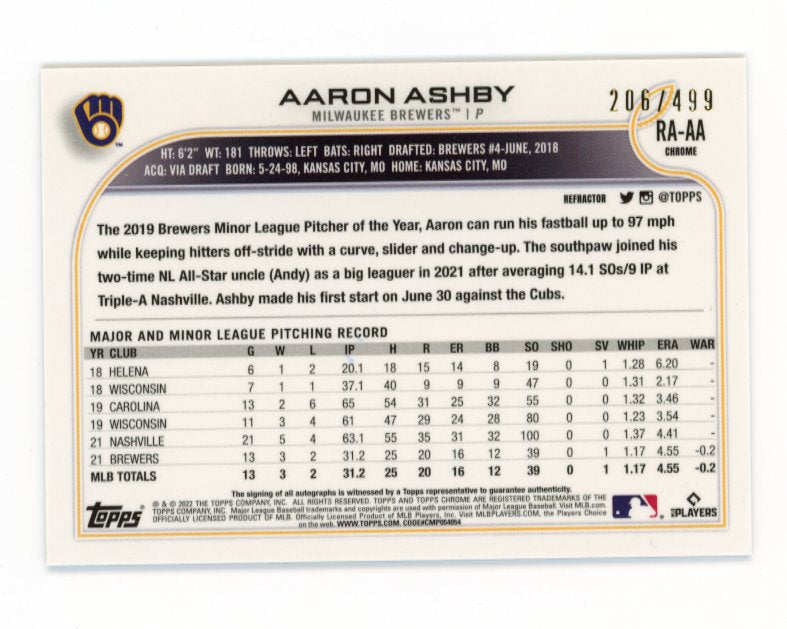 2022 Topps Chrome Aaron Ashby #RA-AA - #/499 Refractor Autograph