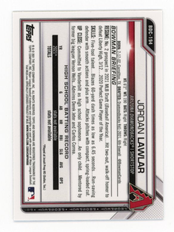 2021 Bowman Chrome Jordan Lawlar 1st Bowman #BDC-194
