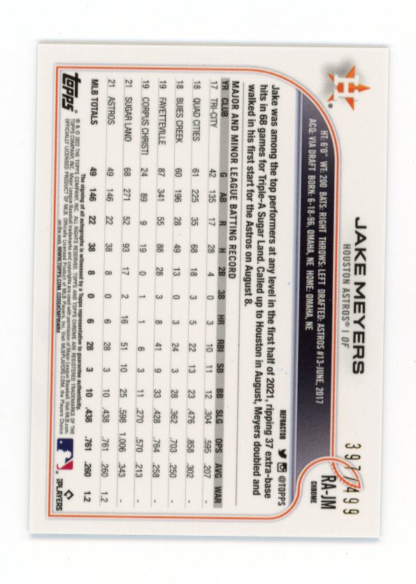 2022 Topps Chrome Jake Meyers #RA-JM - #/499 Autograph