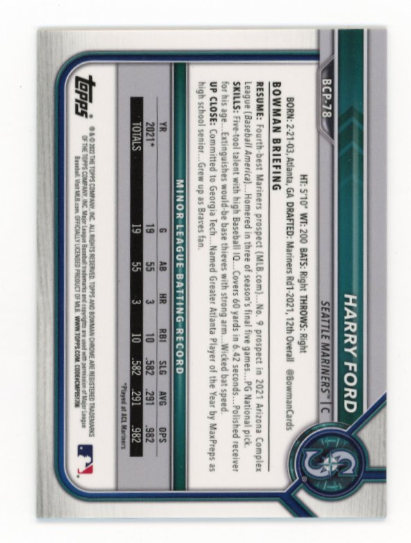 2022 Bowman Chrome Harry Ford #BCP-78 - #/125 Aqua Refractor