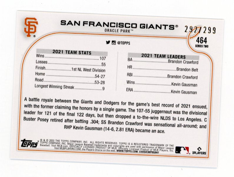 2022 Topps Series 2 San Francisco Giants Team Card #464 - #/299 Orange
