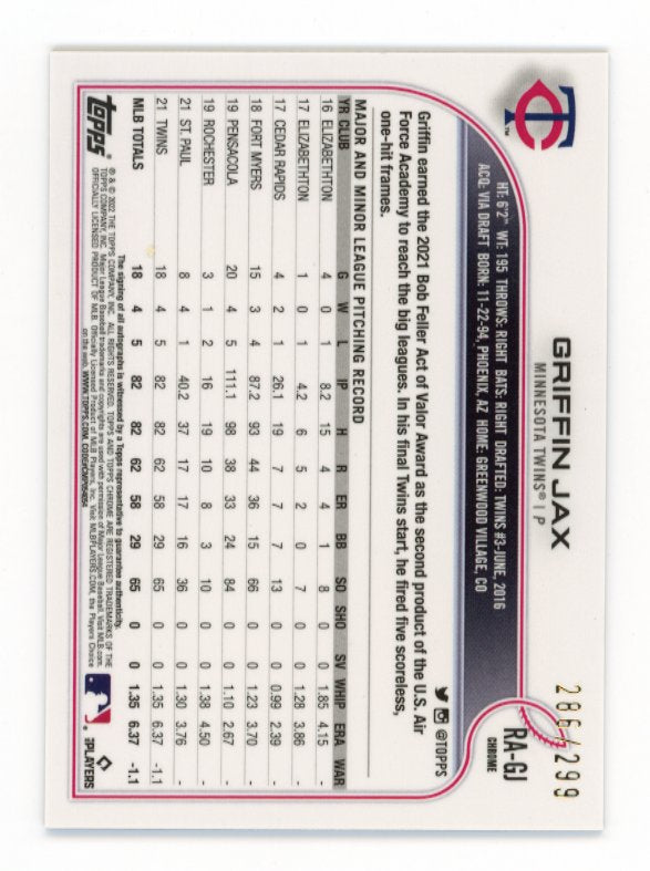 2022 Topps Chrome Griffin Jax #RA-GJ - #/299 Purple Speckle Autograph