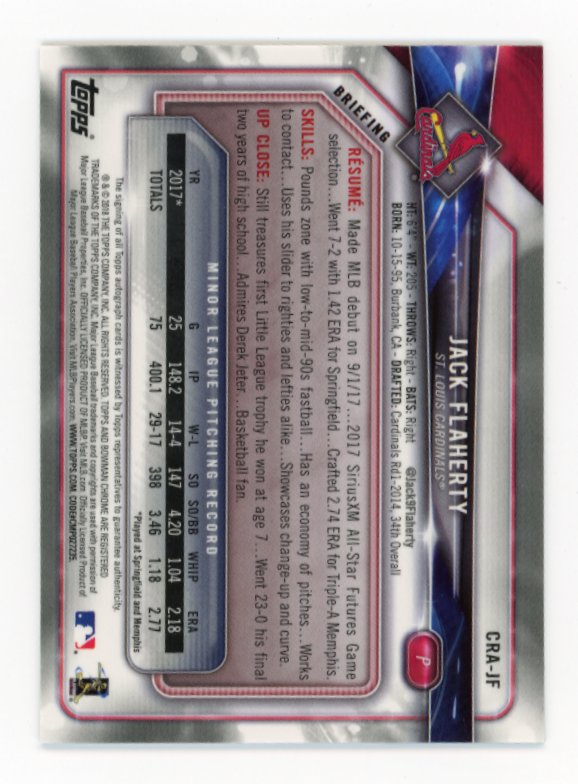 2018 Topps Bowman Chrome Jack Flaherty RC #CRA-JF - Autograph
