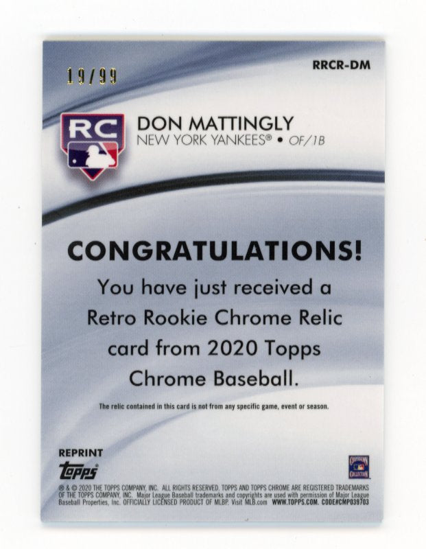 2020 Topps Chrome Don Mattingly #RRCR-DM - #/99 Green Bat Relic