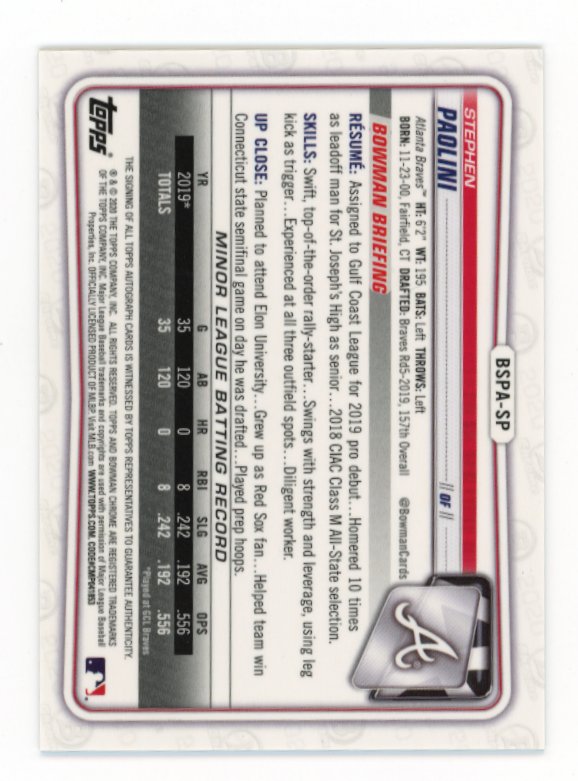 2020 Topps Bowman Chrome Sapphire First Stephen Paolini #BSPA-SP - #/50 Green Autograph