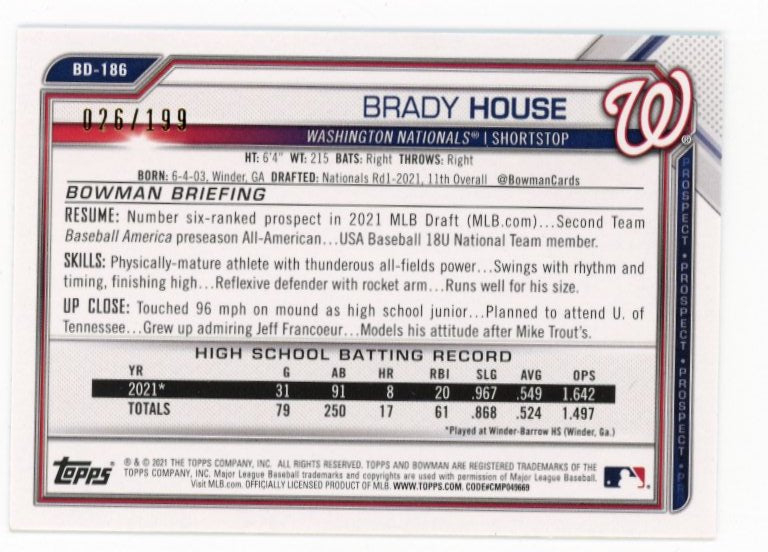 2021 Topps Bowman Prospect First Brady House #BD-186 - #/199 Teal