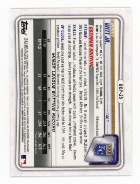 2020 Bowman Chrome Bobby Witt Jr. #BCP-25