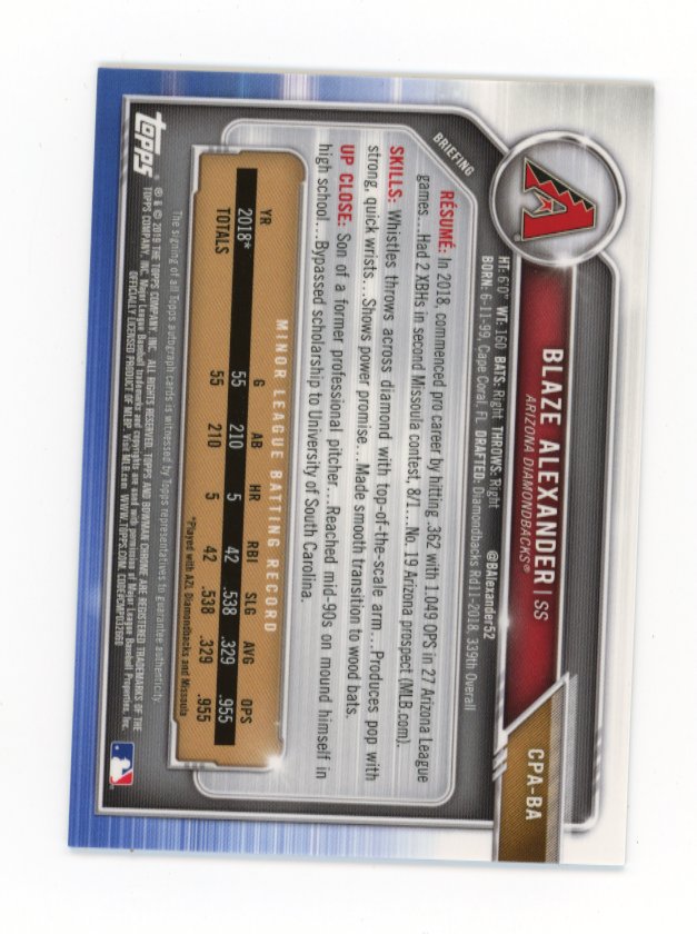 2019 Bowman Chrome Blaze Alexander #CPA-BA - #/250 Purple Autograph