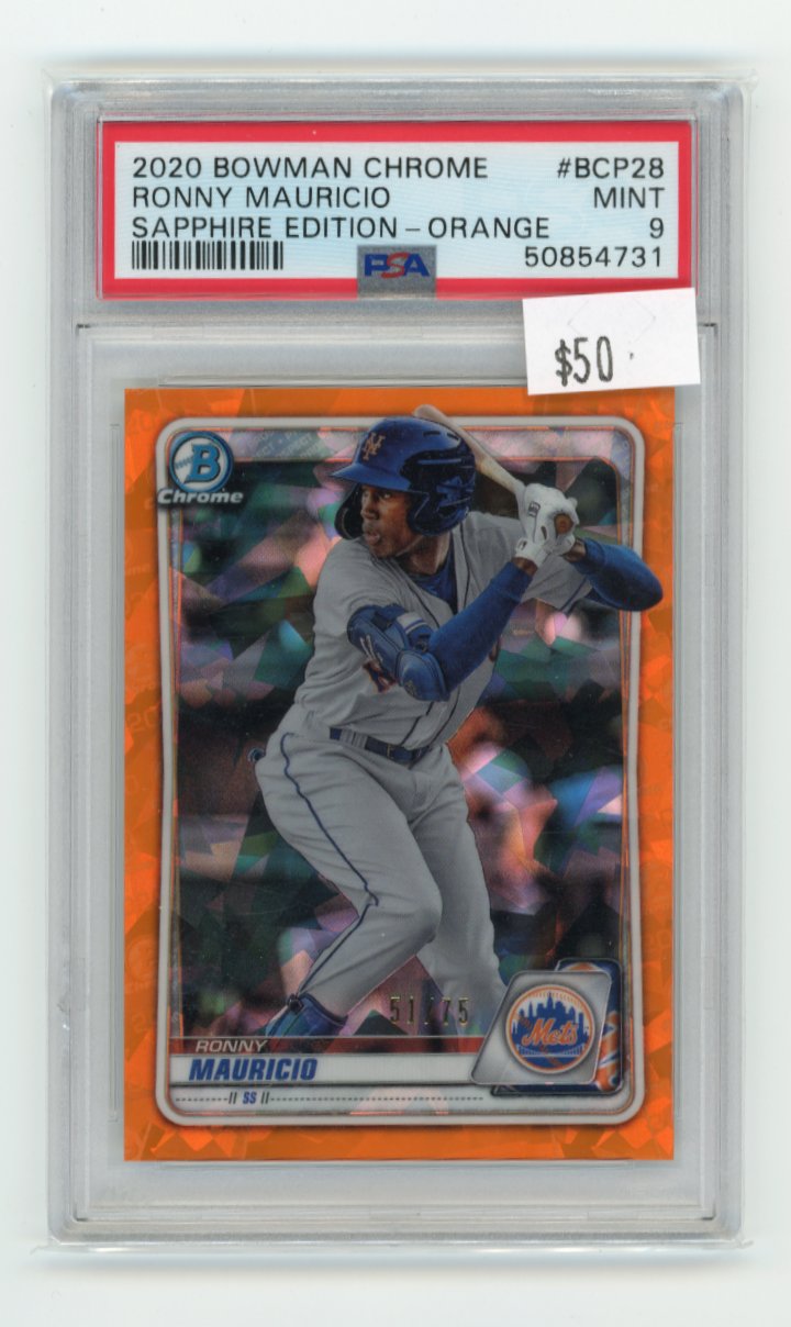 2020 Bowman Chrome Sapphire Ronny Mauricio #BCP-28 - #/75 Orange PSA 9